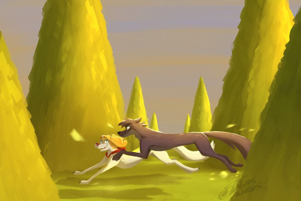 Belfort and Lupin from the show that goes by the same name running between bushes while the sun is setting in the gardens of the palace of Versailles