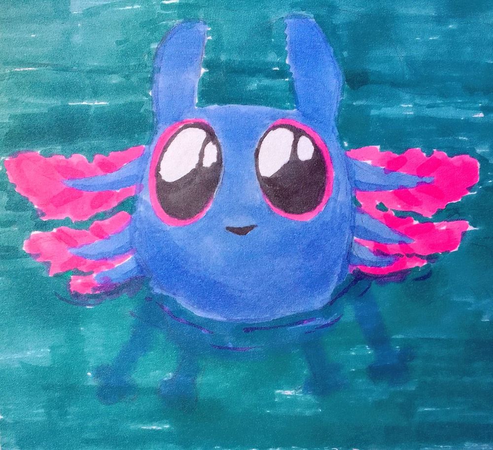 Drawing in traditional with markers of rivulet from the video game Rain World looking up to you while floating in the water 