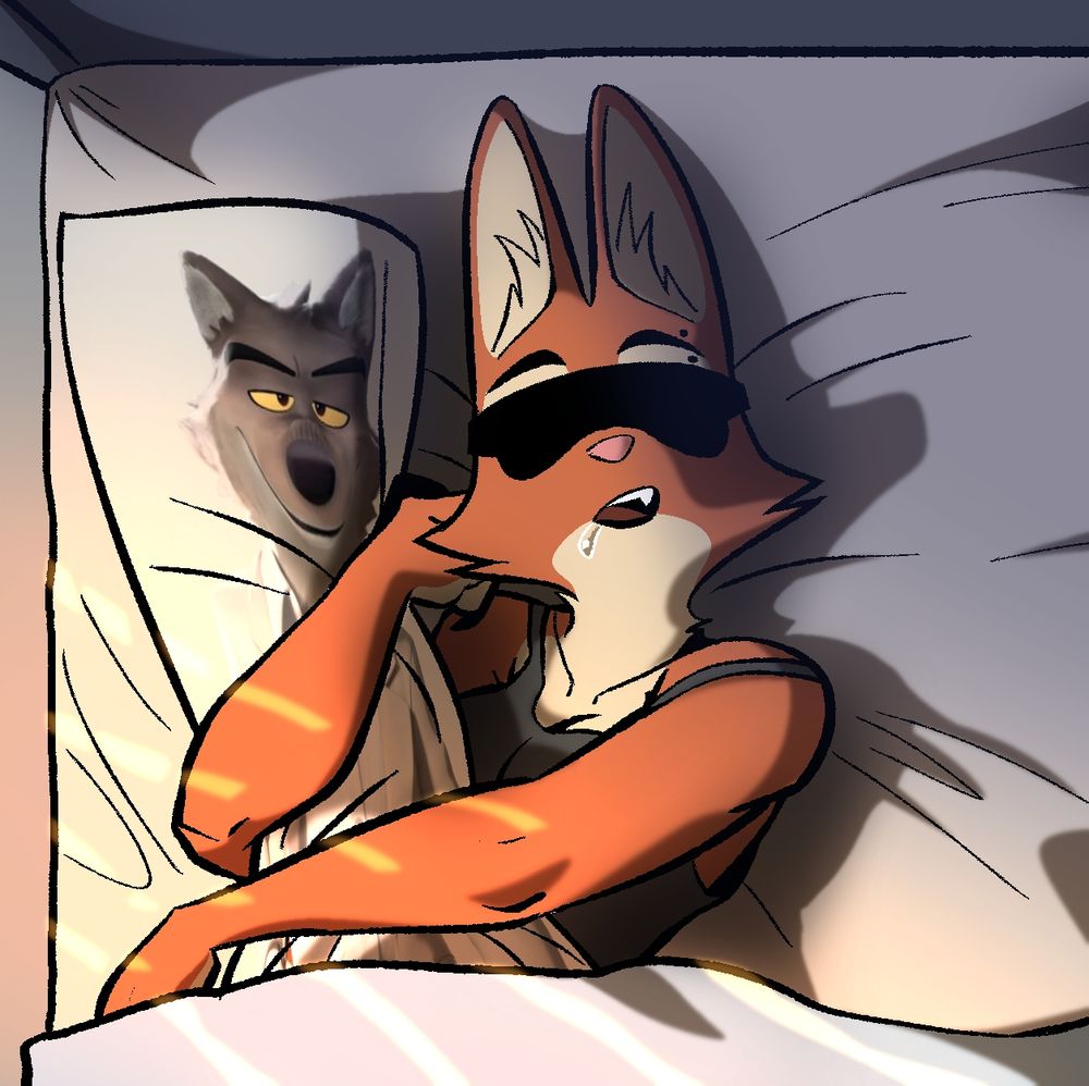Diane Foxington from The Bad Guys movie by Dreamworks comicaly sleeping while hugs a Mr Wolf (from the same movie) bodypillow. 
