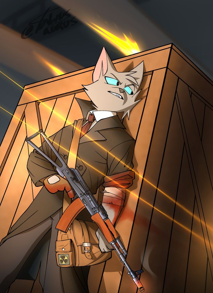 @battlefield101.bsky.social oc wering a trench coat and a purse with an AKS in his right hand taking cover for enemy fire behind a wooden box inside a where house