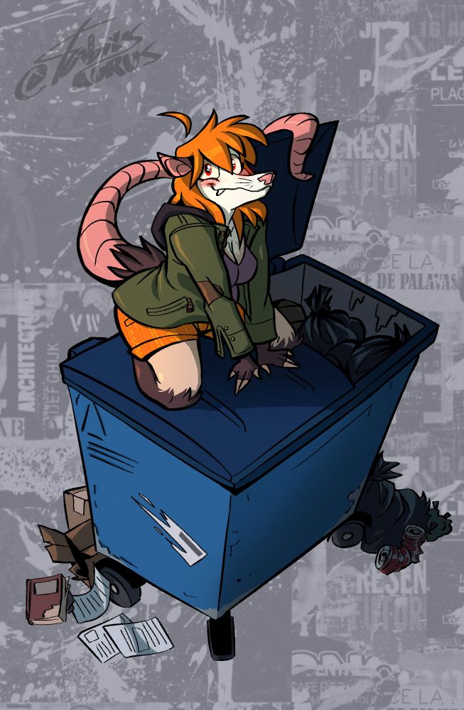 A red headed anthro possum girl keeing on top of a big blue trashcan. Is looking directly at the viewer while blushing a little. Is dressing an orange short with a green jacket and a purple t-shirt. Her tail is open one of the doors and there's bits of trash around the bin 