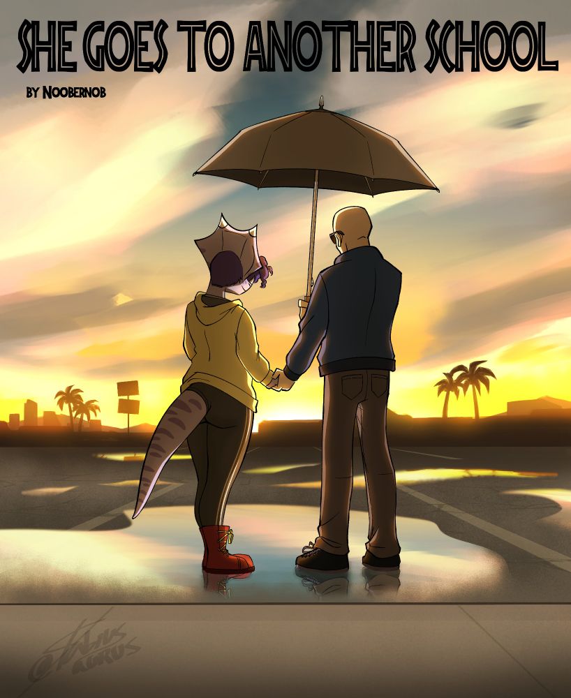 Trish from Goodbye Volcano High/Snoot Game holding hands with Inco from I Wani Hug That Gator! Who's also holding an umbrella above them while staring at the sun set after rain on a mall parking lot.

There's also in the top center of the piece the title of the fanfic this comm is based on. The title being: She Goes To Another School. By Noobenob.

The link to the fic will be in the comments below
