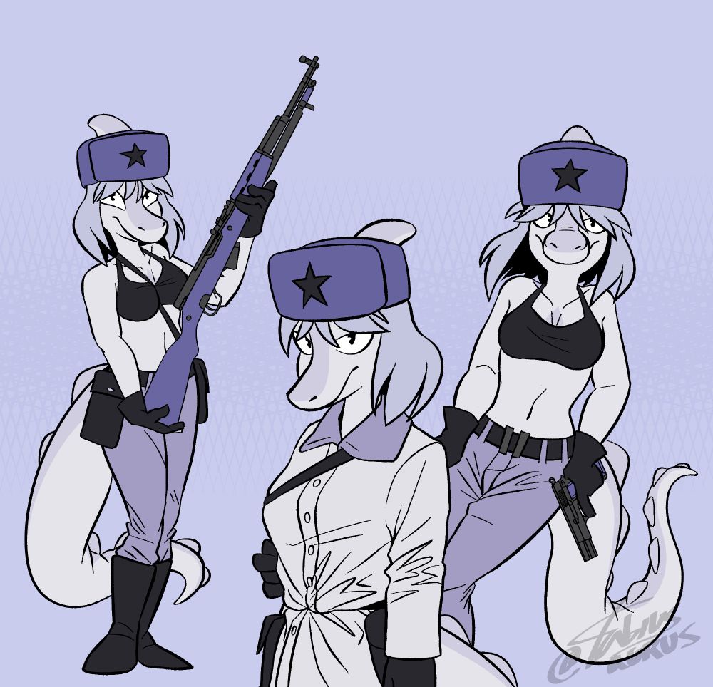 Naomi from Goodbye Volcano High/Snootgame wearing a couple of soviet military theme clothes and weapons