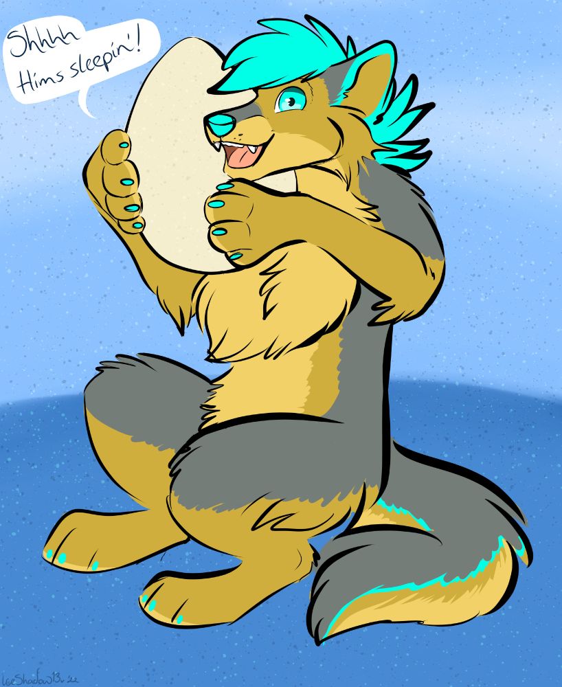 A drawing of a golden wolf with grey markings and a lighter gold undertone holding a very large egg. The person who owns the character had been really excited about a large dino egg that was coming in the mail from Barkbox, and I just had to capture a silly moment~