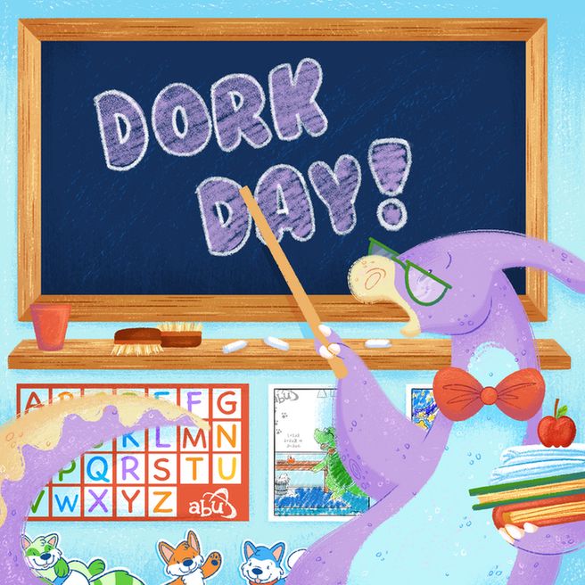 A purple Parasaurolophus dressed as a teacher points to a chalk board. Written in chalk on the board is "Dork Day!"