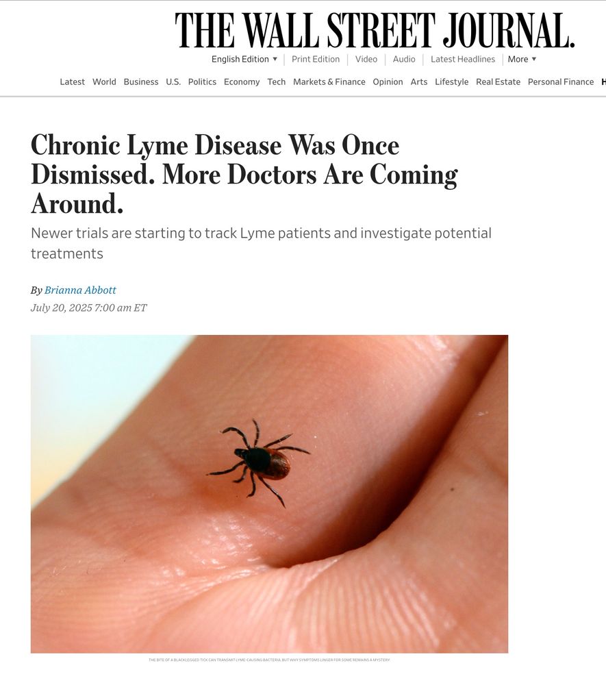 THE WALL STREET JOURNAL

Chronic Lyme Disease Was Once Dismissed. More Doctors Are Coming Around.

Newer trials are starting to track Lyme patients and investigate potential treatments

By Brianna Abbott

July 20, 2025 7:00 am ET