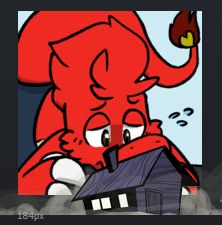 Macro Bk Charmeleon on his knees towering over a small house with a concerned look on his face. It's a steam avatar icon.