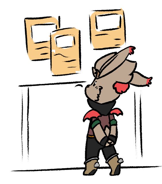 Moogle Bk standing on his tippy toes with his hands behind his back trying to look at a mission post that's a bit too high up.
