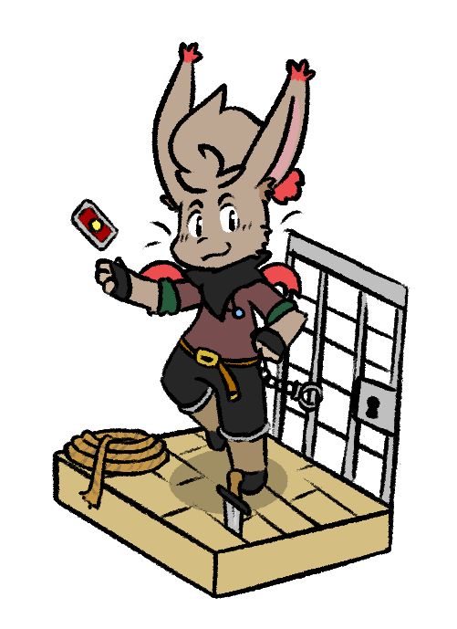 Bk as a Moogle, standing in front of a jail cell door with a floating card in his hand.