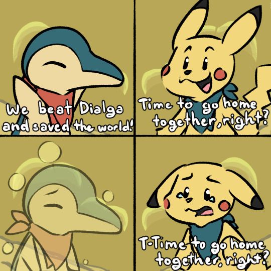 A spoiler drawing comic of a Cyndaquil and Pikachu at the end of Pokemon Mystery Dungeon Explorers of Time/Space/Sky.