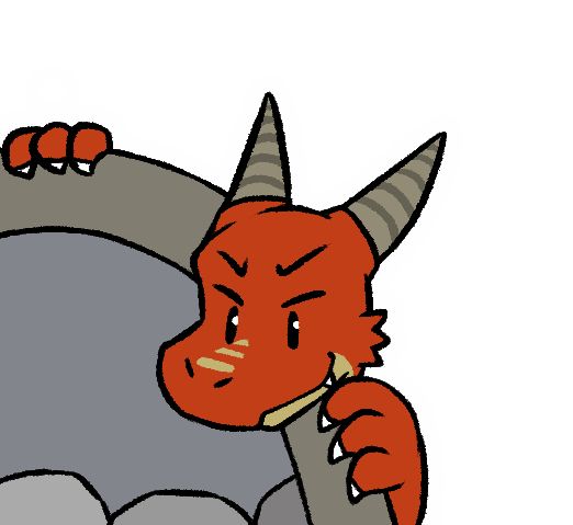 A red dragon looking into a cave.