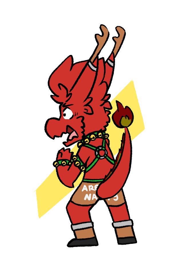 Bk dragon wearing a reindeer outfit with the backside saying 'Are ya nasty'.