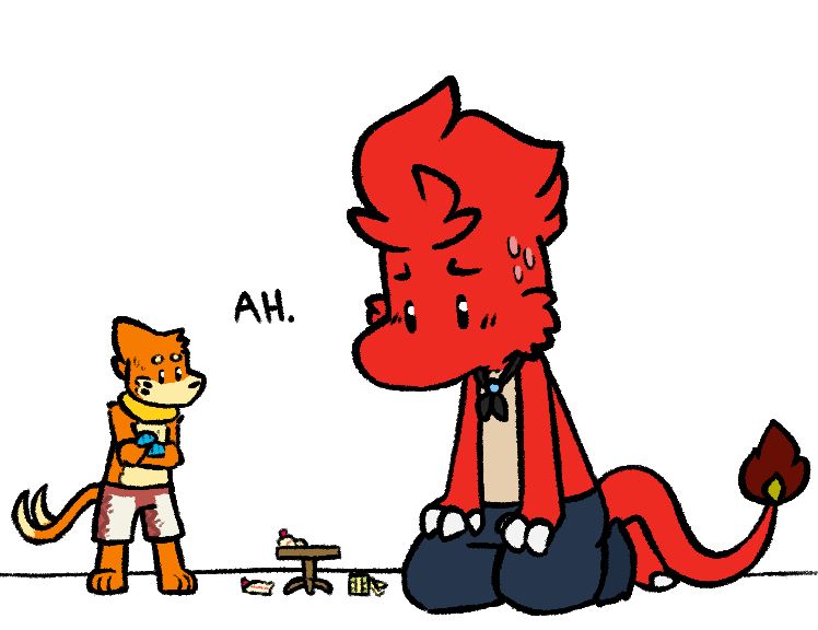 A drawing of Bui and Charmeleon Bk, they are looking at a small table with a spilled cake on top of it, Bk is larger than usual.
