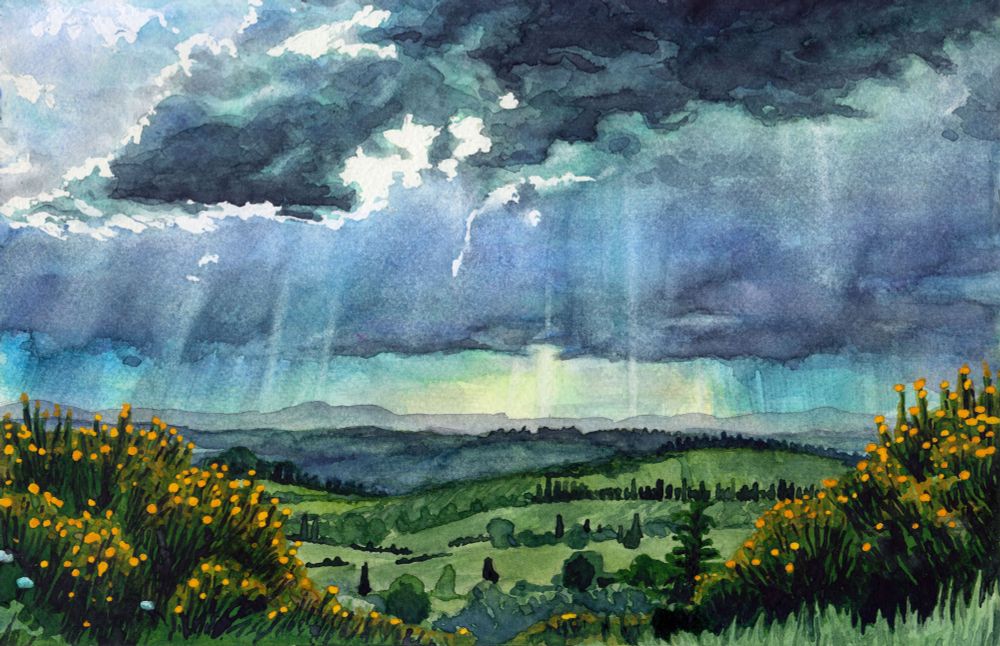 watercolor landscape painting of a cloudy sky and some foliage. reference picture by Ravenna Tran. 2021