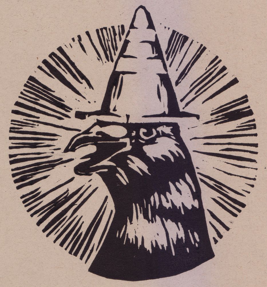 11x11cm black ink over toned paper linocut print of a pigeon wearing a traffic cone hat