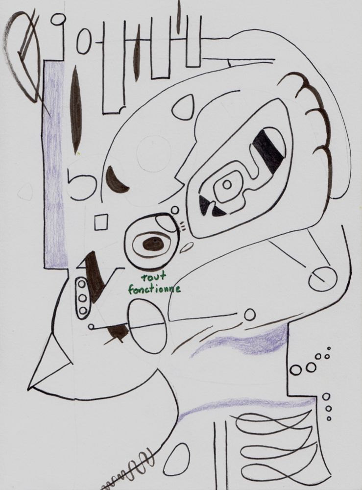 scan of a pen drawing. "tout fonctionne" is written. its about high functioning depression, a kind of circle of hell.