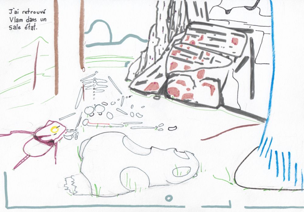 first case of four of a comic strip. an elongated skull lie on a grassy ground. a hoofed person with blue fur is standing next to it. An humanoid skeleton lies behind with an emptied bag, along a rocky cliff. The text at the top left says : J'ai retrouvé Vlam dans un sale état | I found Vlam in a bad state. 