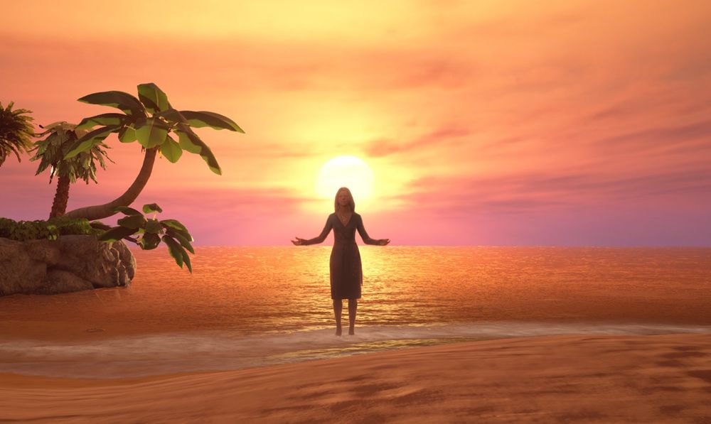 Amelie Strand from Death Stranding standing on the beach of Destiny Island from Kingdom Hearts