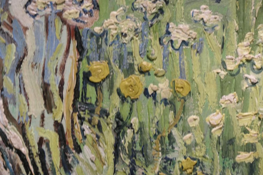Close up of a section of “Tree trunks in grass” highlighting depth of paint.