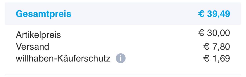 Preisbeispiel Paylivery:

Gesamtpreis
€ 39,49
Artikelpreis
€ 30,00
Versand
€ 7,80
willhaben-Käuferschutz ©
€ 1,69