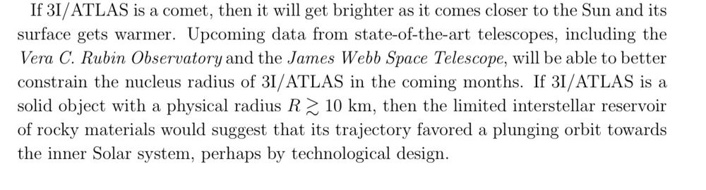 arxiv paragraph about the new interstellar comet that ends in “perhaps by technological design”