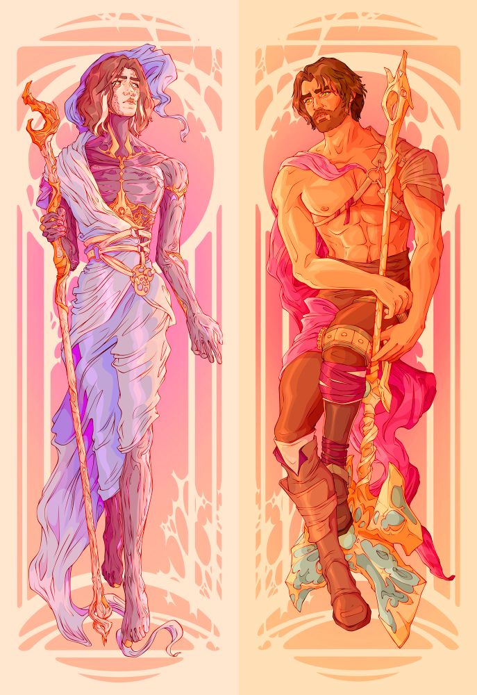 viktor and jayce from the show Arcane in an art nouveau style in bright, warm colours