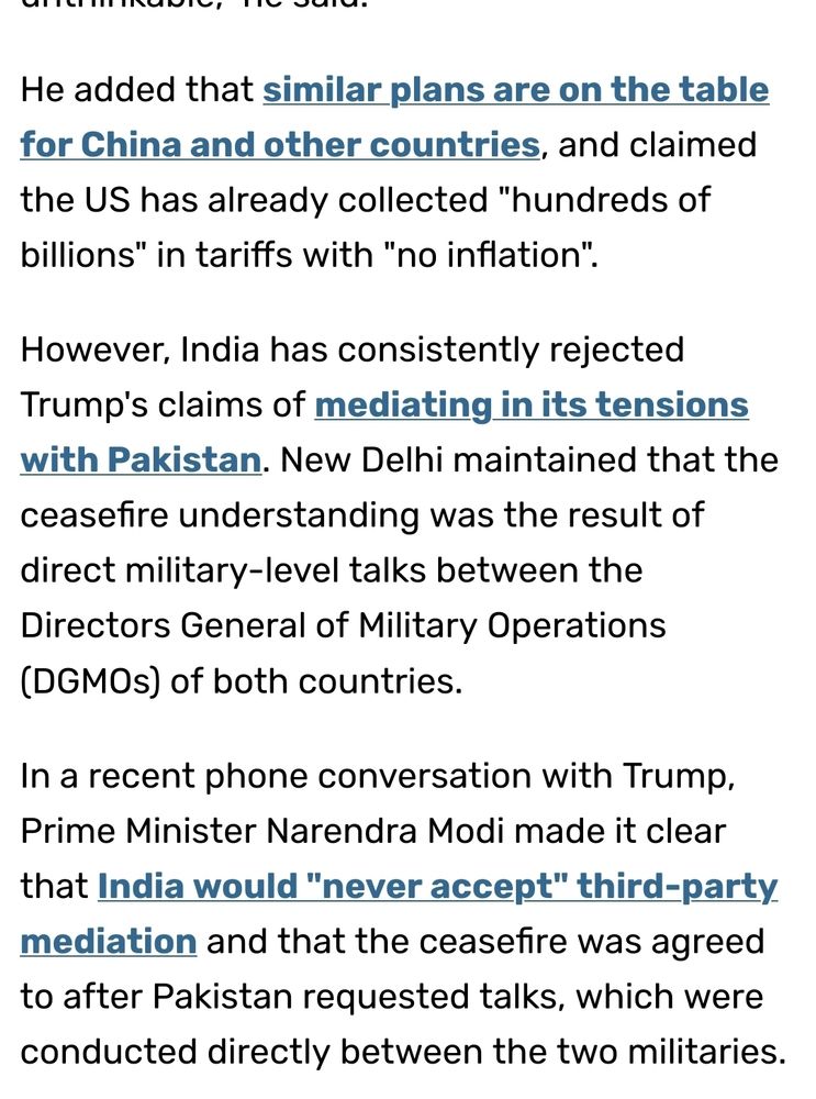 Screenshot of an article detailing the Iran-Pakistan conflict's peace negotiations. In it, India's PM explicitly rejects that the U.S. had any hand in its peace negotiations with Pakistan.