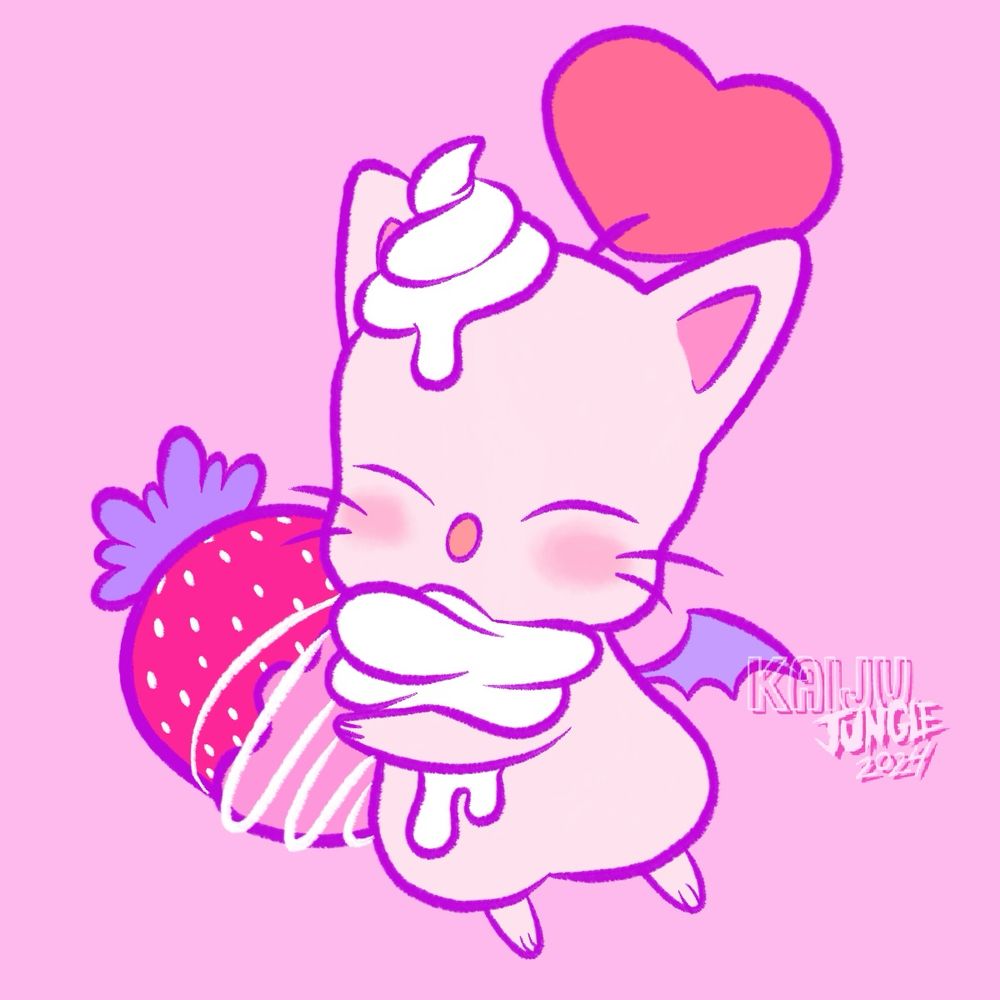 a pink version of a moogle from ffxiv. its holding a chocolate covered strawberry and has whipped cream on its head 