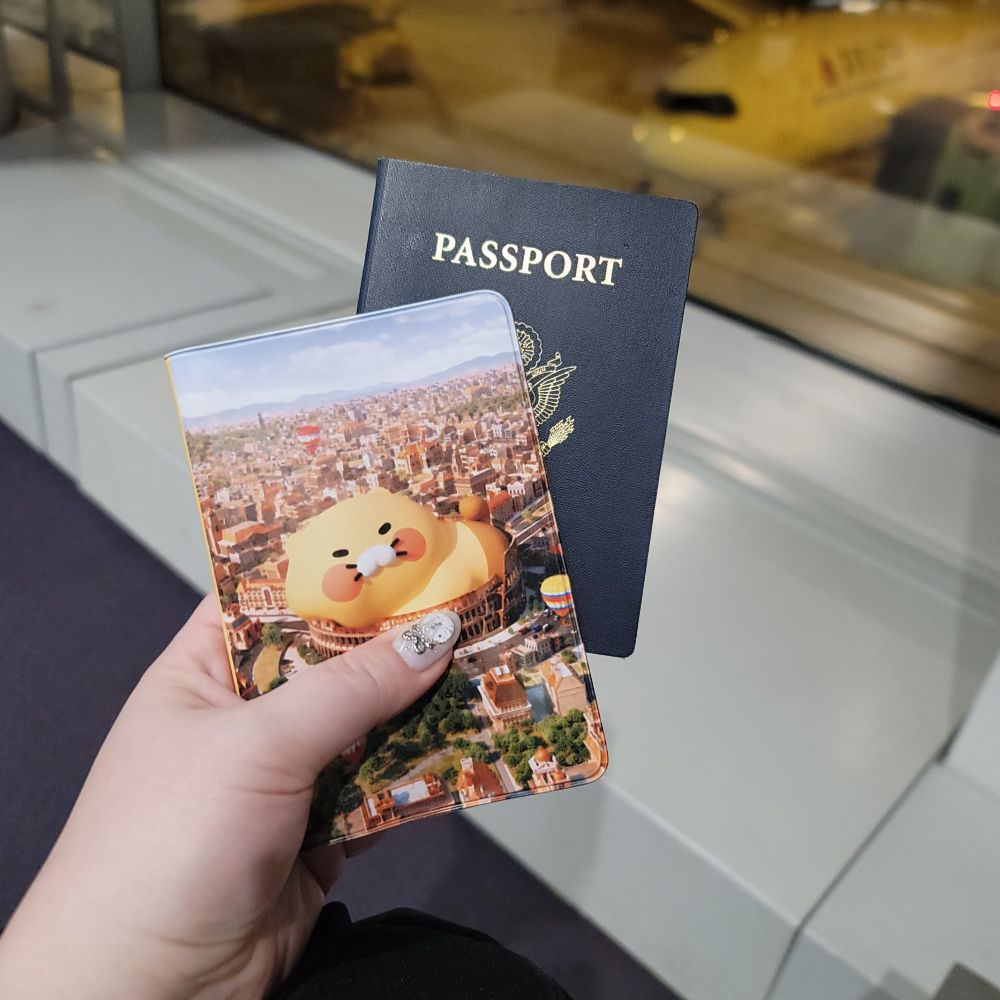 a hand holding a US passport and a Choonsik passport cover. a plane can be seen in the background. 