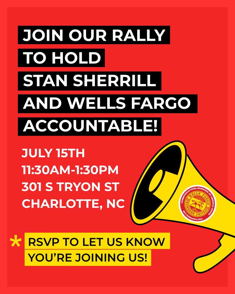 A graphic that says, "Join our rally to hold Stan Sherrill and Wells Fargo accountable."