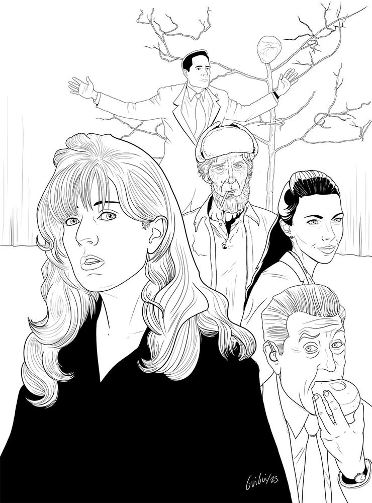 Composition en dessin réalisée par moi (en noir et blanc) : Laura Palmer est en premier plan avec Gordon Cole qui mange un donut puis Tammy, un clodo de l'espace et Cooper qui flotte. En arrière-plan il y a l'évolution du bras : l'arbre chelou à tête de chewing-gum. 