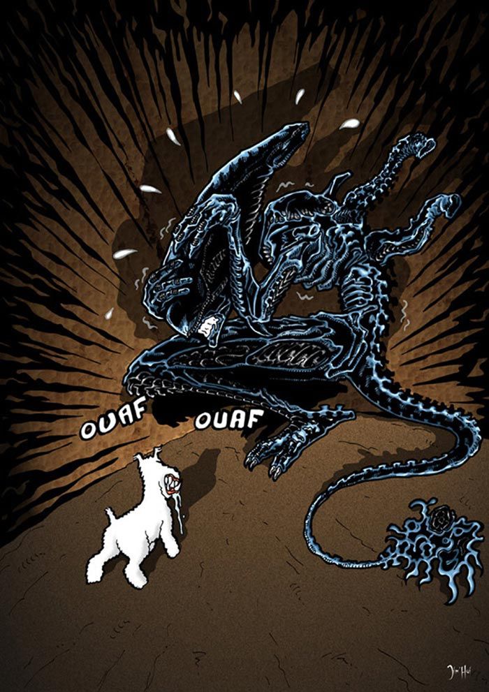Dessin d'un copain (Jim'Haï de Phylactères) : Milou de la BD Tintin qui grogne contre un Xenomorphe terrorisé et acculé dans un coin...
