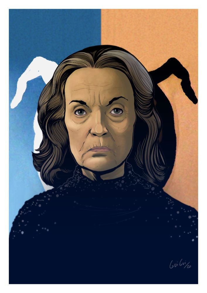 Portrait dessiné (par moi) de Sarah Palmer dans The Return.
Elle a un air de colère contenue et de résignation. Elle se tient devant le symbole de Judy qui est divisé en 2 fond de couleurs distincts par la vertical, cela fait un effet négatif (fond bleu et symbole en blanc et fond orange et symbole en noir). 