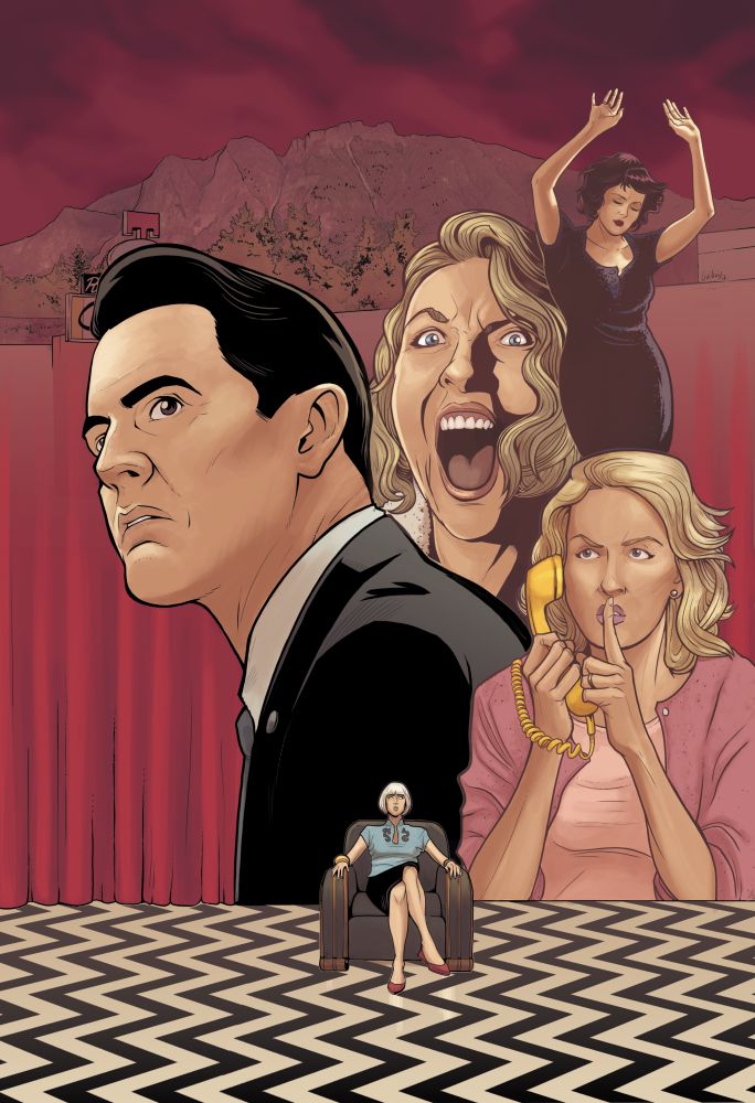 Dessin de Guigui avec Dale Cooper en gros plan, Diane assise dans la black lodge, Mme Jones qui fais signe de se taire en étant au téléphone, Audrey qui danse et Carrie Paige qui hurle. Avec le paysage de TWIN PEAKS en fond.