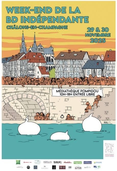 Affiche du festival qui est un dessin, assez classe, du centre de la ville. Avec en fond sans doute ce qui est une cathédrale et au premier plan un pont avec un fleuve remplis de bulles de BD vides.