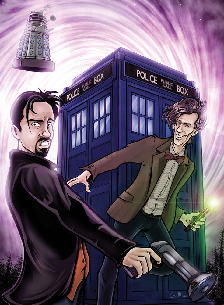 Dessin de Bertrand Keufterian, le personnage principal de ma BD avec le 11ème Doctor qui tiens ton tournevis sonique. En fond se trouve le Tardis et un Dalek qui semblent attiré par un vortex mauve.