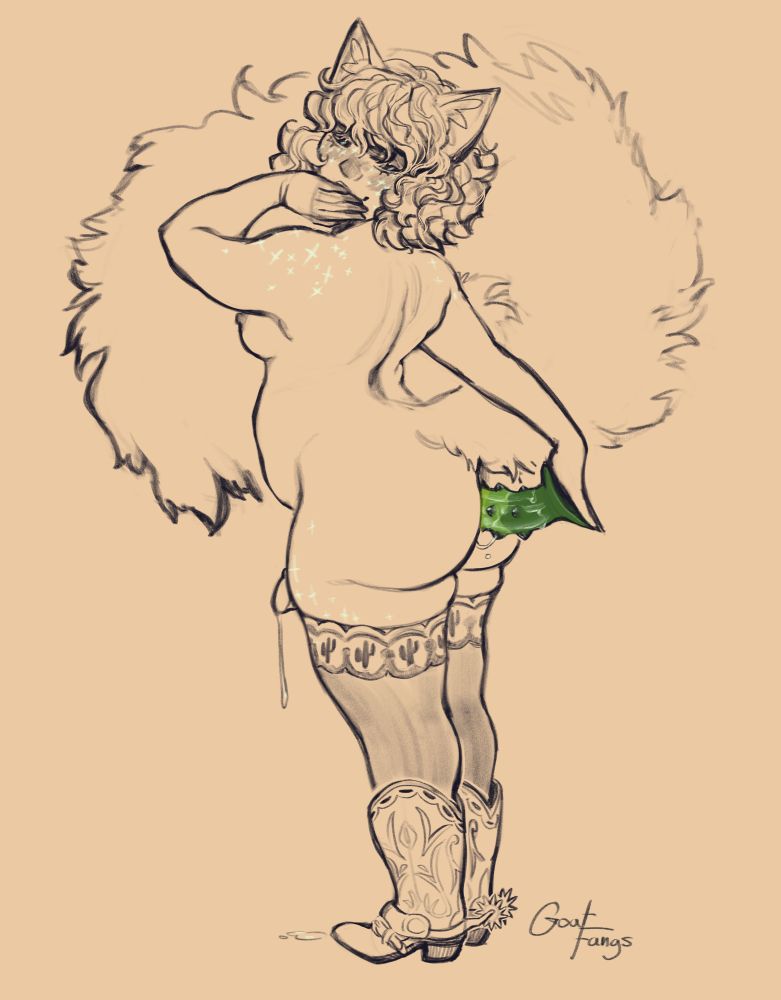Drawing of a person with a fluffy cat tail and cat ears wearing nothing but cowboy boots and some thigh highs with a cactus motif. They’re reaching back to hold the lubricated cactus themed dildo that they’re pushing into their ass while their cock drips pre onto the floor. 