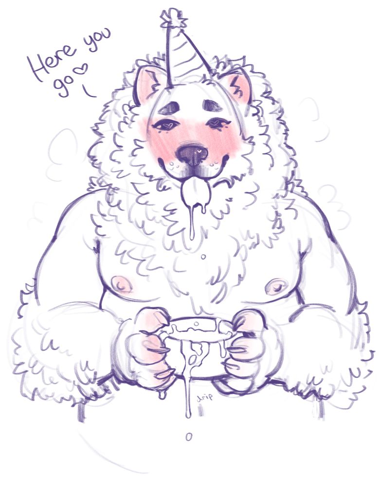 Drawing of a flustered chowchow furry offering you a dog bowl filled with dubious fluid
