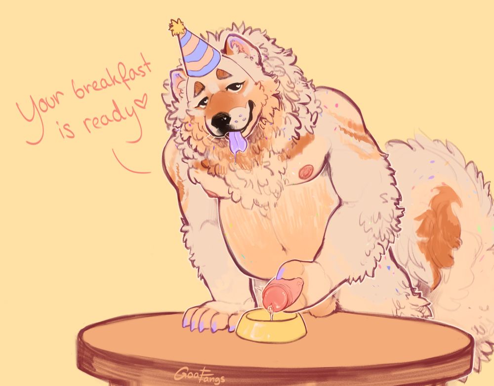Drawing of a big Chow-Chow furry leaning over a table. He holds his thick, rock hard cock over a yellow dog food bowl and drips pre into it. He says “your breakfast is ready ❤️”