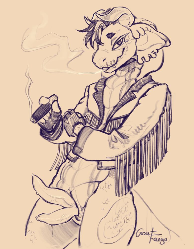 Drawing of a snake furry naked except for a cowboy leather jacket. He is smoking a cigar and his 2 hard dicks are just swinging free for the world to see.