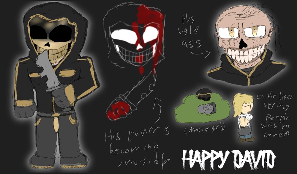 Happy David.

A boogeyman known for uploading videos of his murders to the internet, and in some cases, live-streaming his crimes. His legend lives on thanks to his growing fanbase (if you can call them that) mostly morbid teenagers who search for the videos he's uploaded, which have become lost media, after being deleted within hours of being uploaded, for obvious reasons.

His main ability is to become invisible by holding his breath, allowing him to strike at his victims without them being able to see it coming. Usually using it when kidnapping them, but he also can use it in combat.

But just as he was pathetic in life, he remains pathetic as a boogeyman. He's still asthmatic, so he usually carries his inhaler when he runs out of breath. Boogeymen who have worked with him or have known him consider him a idiot, but his fans see him as a fearsome figure and even one of the most powerful boogeymen out there.