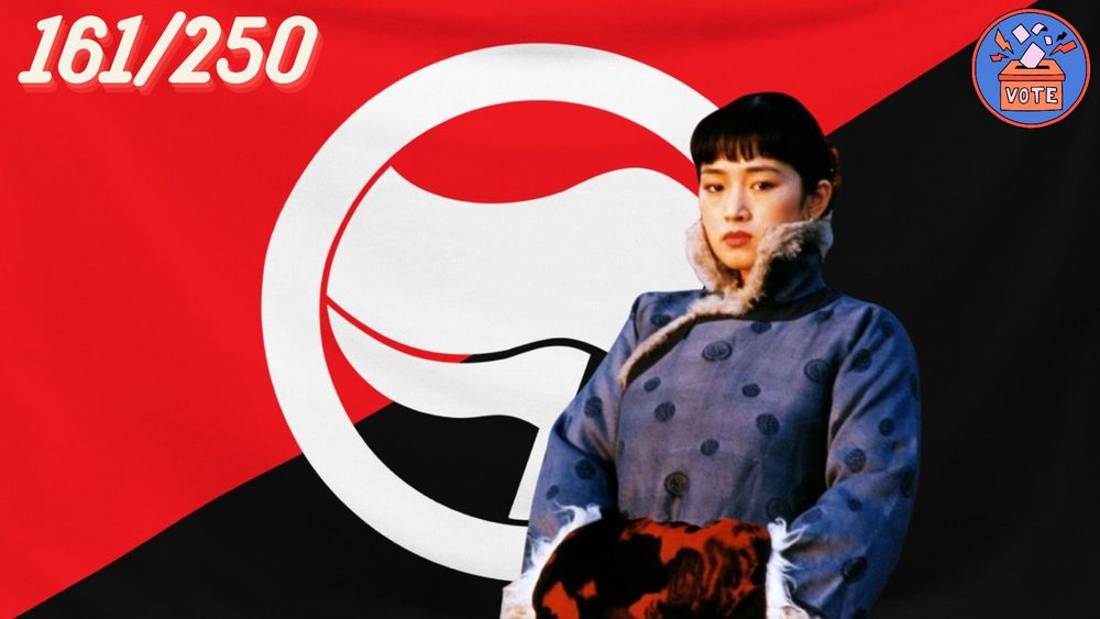 Bulletin de vote rouge et noir avec drapeau antifasciste en fond et et une icône bulletin de vote en haut à droite; personnalisé numéro 161/250, avec une photo de Gong Li dans le rôle de Songlian dans Épouses & Concubines de Zhang Yimou