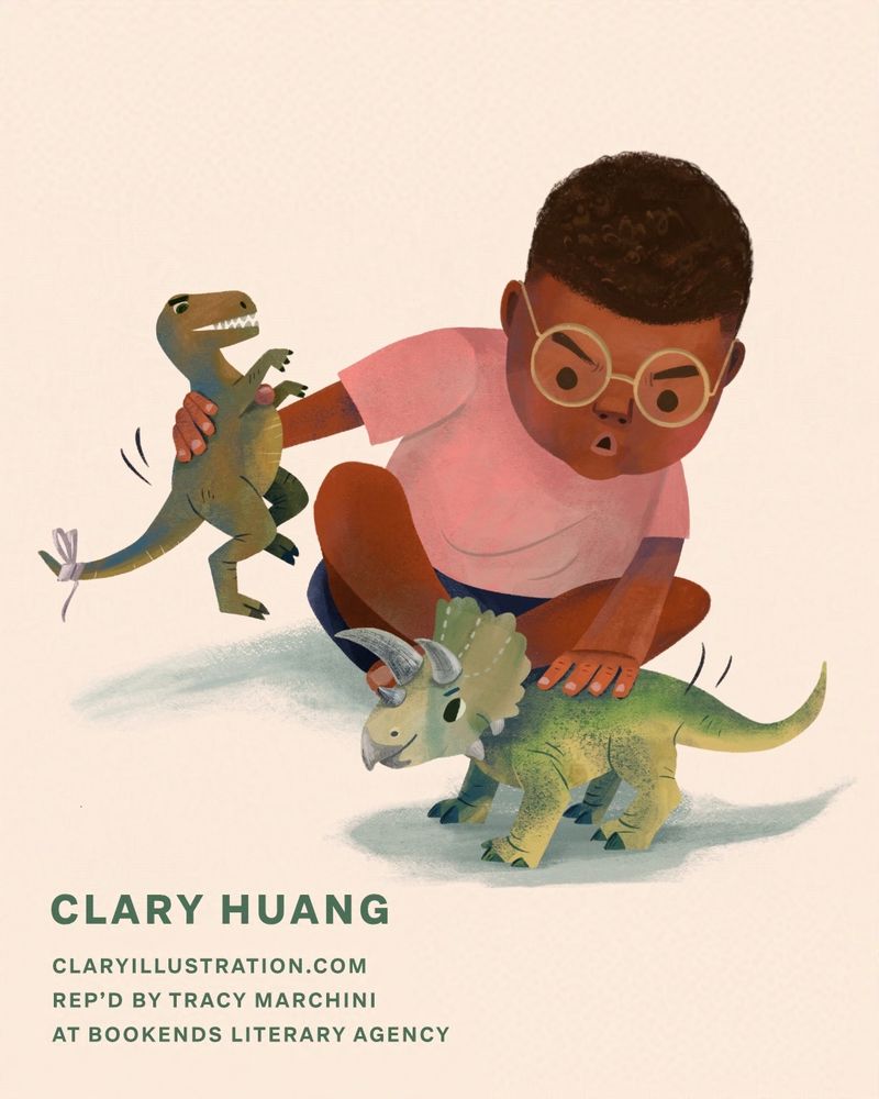 A boy plays with his triceratops and T-rex toys. He loves them so much that he even fixes T-rex's broken tail with a little bandage.