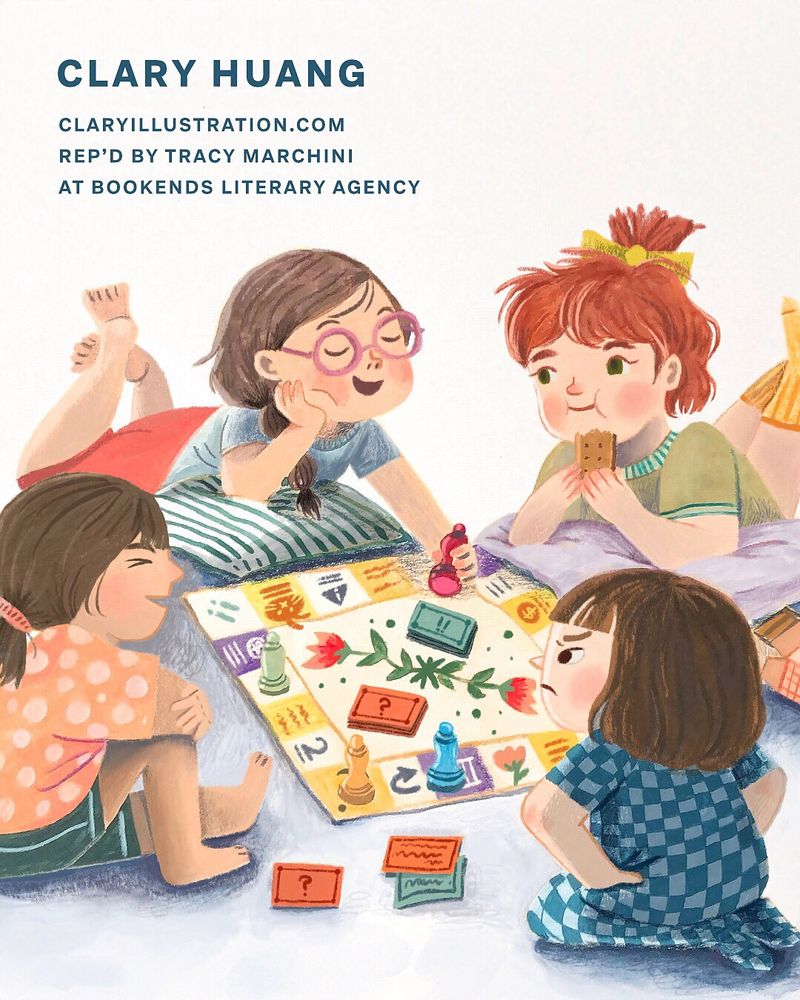 An illustration shows four young girls playing a board game during a sleepover. Three girls are enjoying themselves, while one girl looks upset about losing the game.