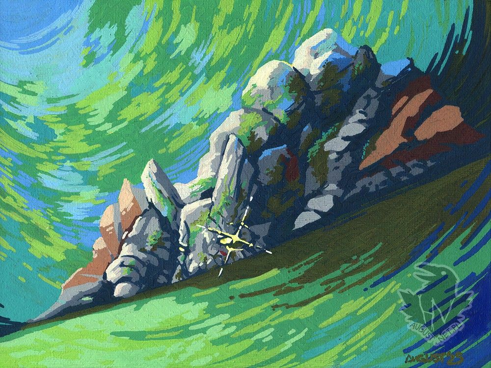 Monster Hunter fanart. An acrylic marker painting/drawing of a stone wyvern (Basarios), lying there suspiciously, pretending to be just a pile of rocks. There is a gleam in its eye.