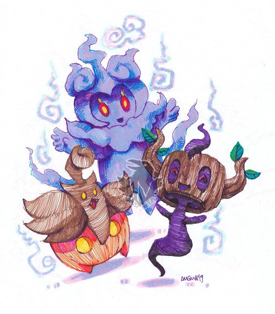 a colorful drawing of three ghost pokemon having fun together