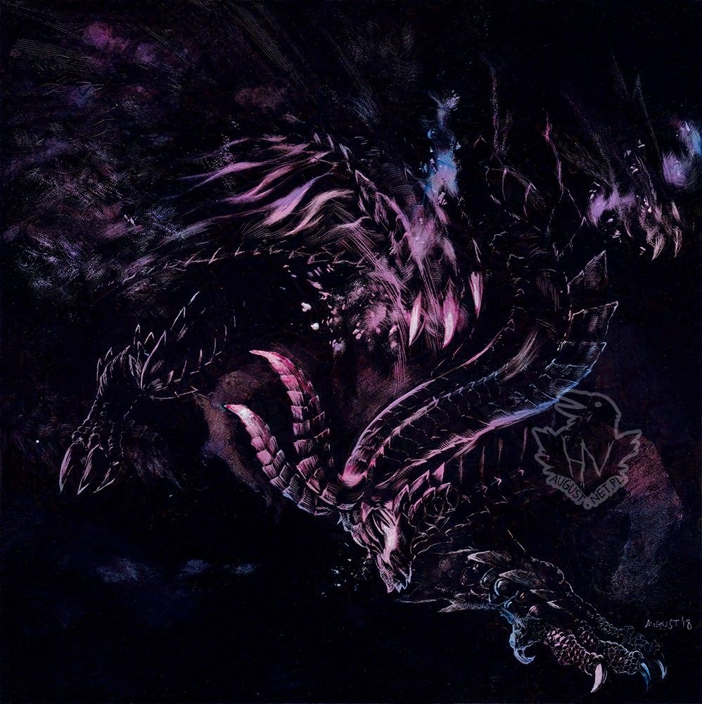 A drawing of a dragon made in negative (by drawing highlights from the dark background). The dragon has no eyes, instead, horns come out from the sockets. The dragon is angry.