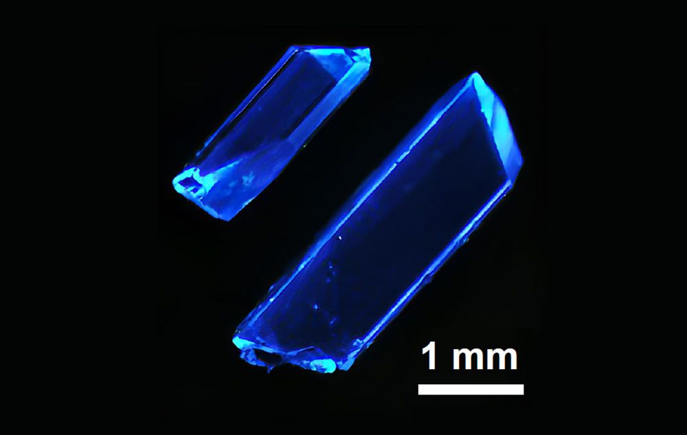 A microscopic image of hybrid copper iodide crystals emitting deep-blue light developed by scientists at Rutgers University