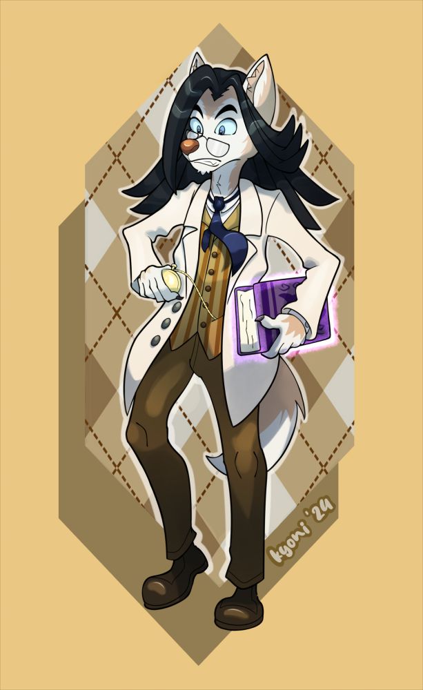 Illustration of an anthropomorphic husky with tan fur and long black hair. He's stylishly dressed in a labcoat, brown dress pants, and brown striped vest with a blue tie. He also has glasses, and is carrying what appears to be some sort of dark magic tome. He has an exasperated, off-kilter expression as he stares at his stopwatch.