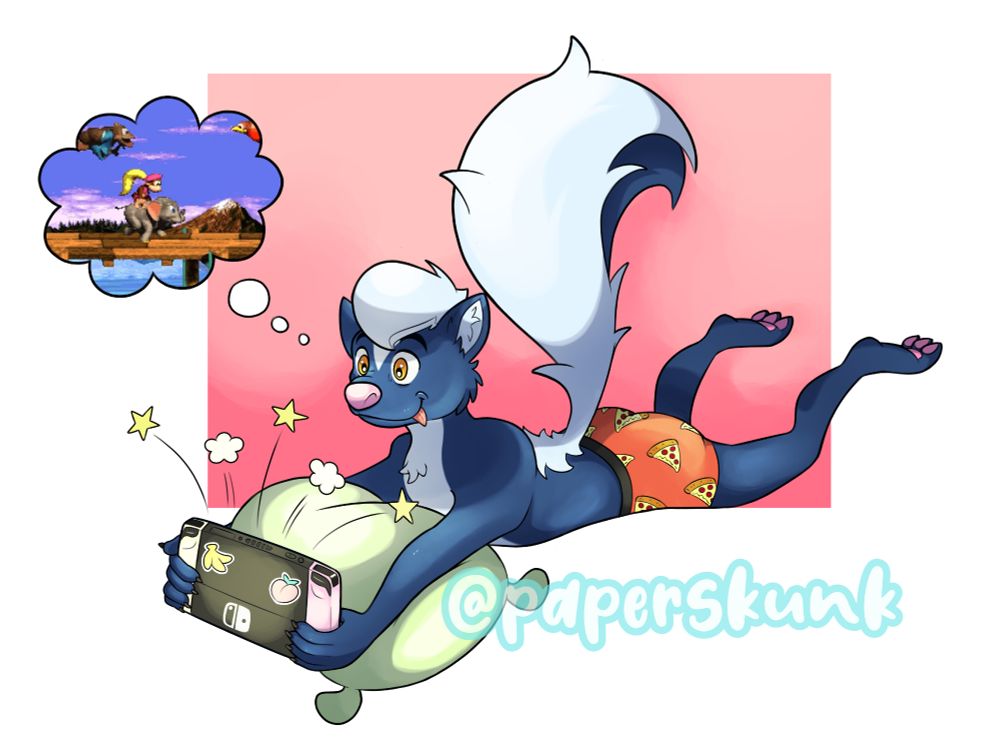 My anthropomorphic skunk fursona lying on his stomach with his chest over a pillow and playing on his Nintendo Switch. All he's wearing is a pair of red undies with an all-over pepperoni pizza print. His fluffy tail is lifted above his butt and his bare paws dangle in the air, meanwhile the tip of his tongue hangs from the side of his mouth. He seems to be really into the game he's playing, which is shown via a thought bubble to be Donkey Kong Country 3. 

His Nintendo Switch has pink and yellow joycons and the back has stickers of a banana and a peach.